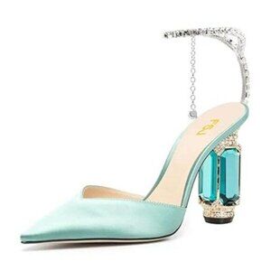 FSJ Women Bridal Heeled Sandals Pointy Toe Crystal Chain Ankle Strap Pumps